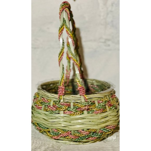 Woven vintage Green basket Spiral Handle 12” Tall beautiful accents - Picture 2 of 7